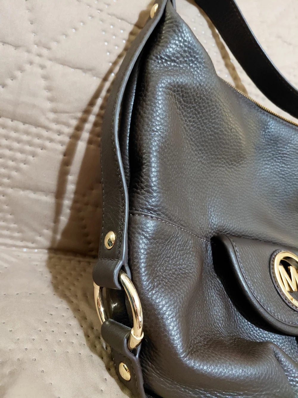 Michael Kors Dark BROWN Pebbled Leather Shoulder Bag with Gold Hardware